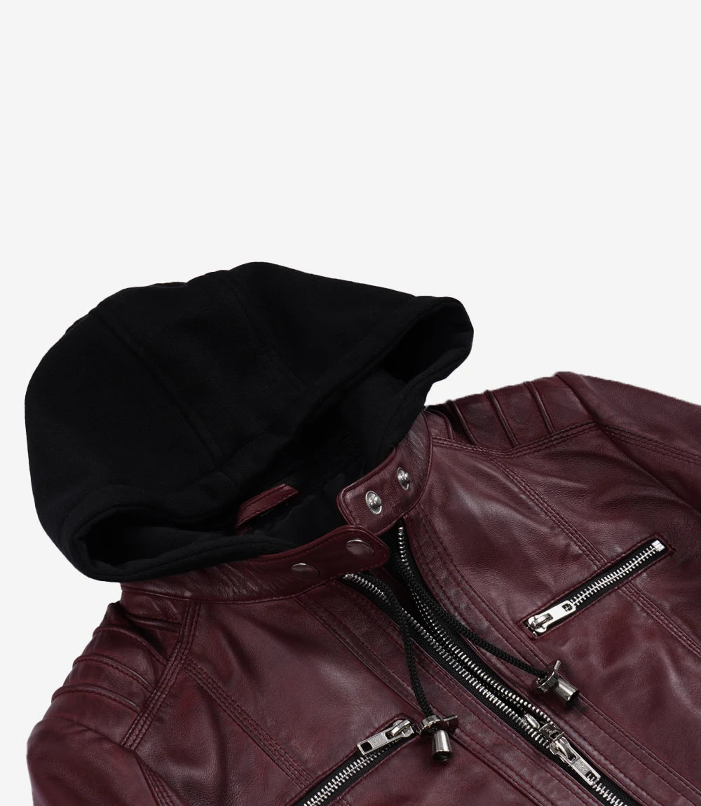 Women's Maroon Waxed Leather Hooded Biker Jacket