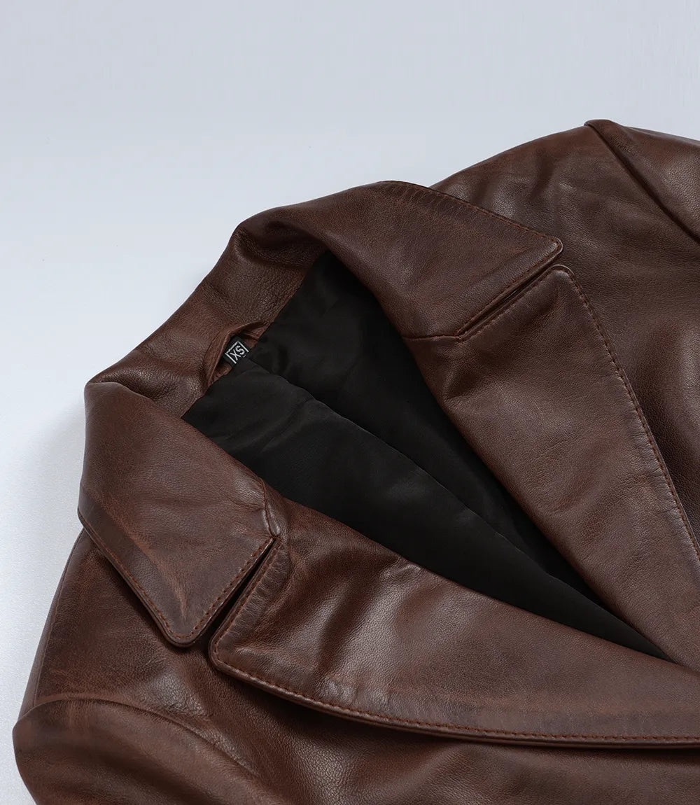 Women's Two Button Cognac Waxed Leather Blazer