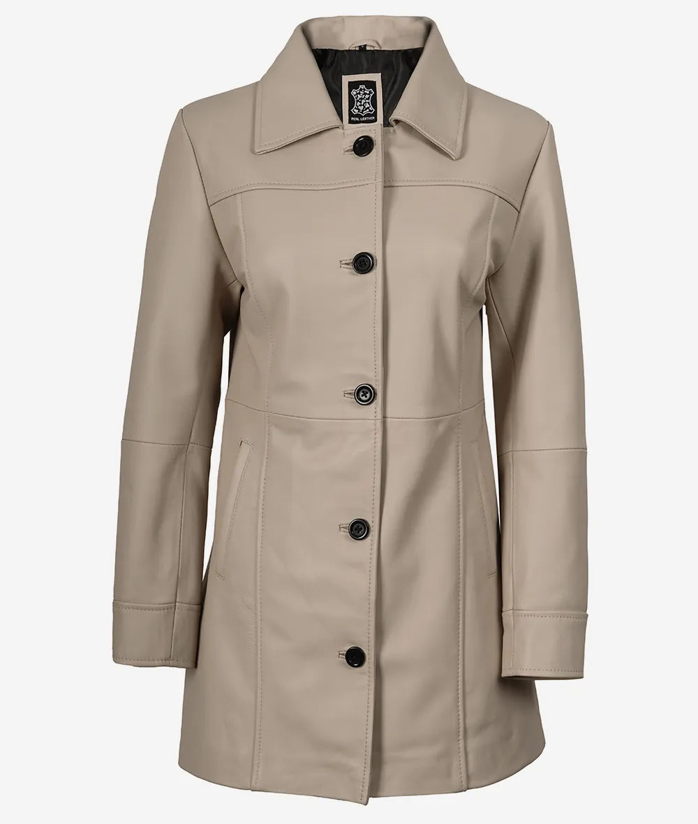 Manteau 3/4 beige en cuir d'agneau véritable pour femme