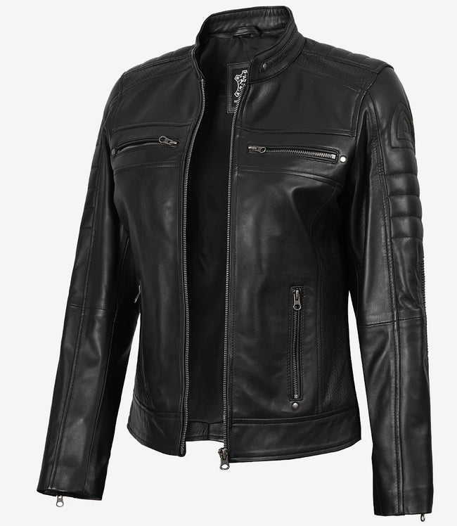 Veste en cuir noir style motard pour femme