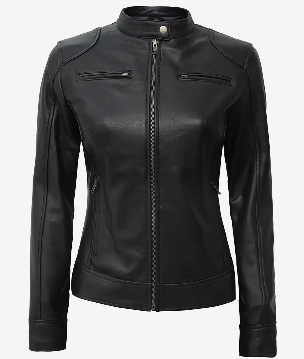 Veste style motard en cuir d'agneau noir pour femme