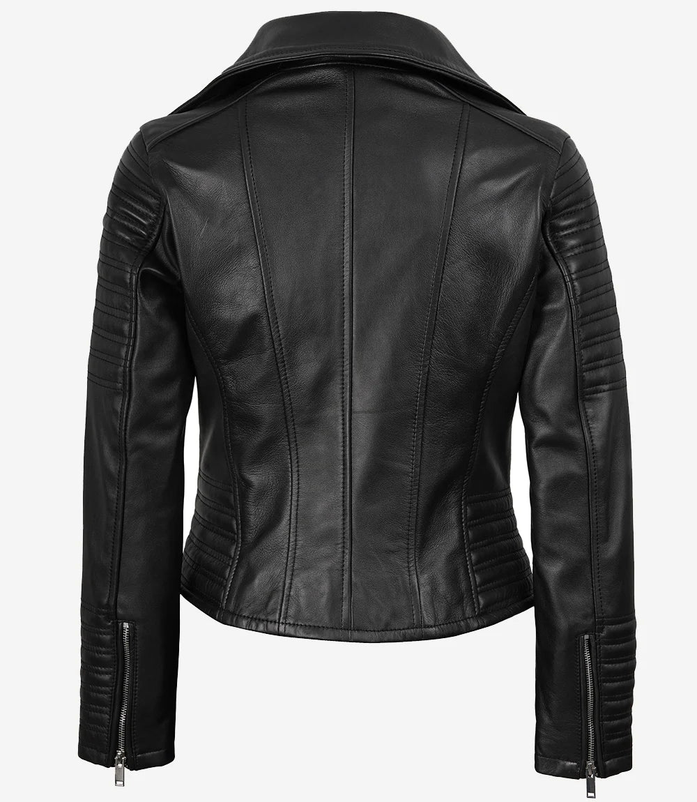 Veste motard asymétrique noire en cuir premium pour femme – (plus que quelques exemplaires)