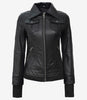 Womens Petite Black Bomber Hooded Leather Jacket