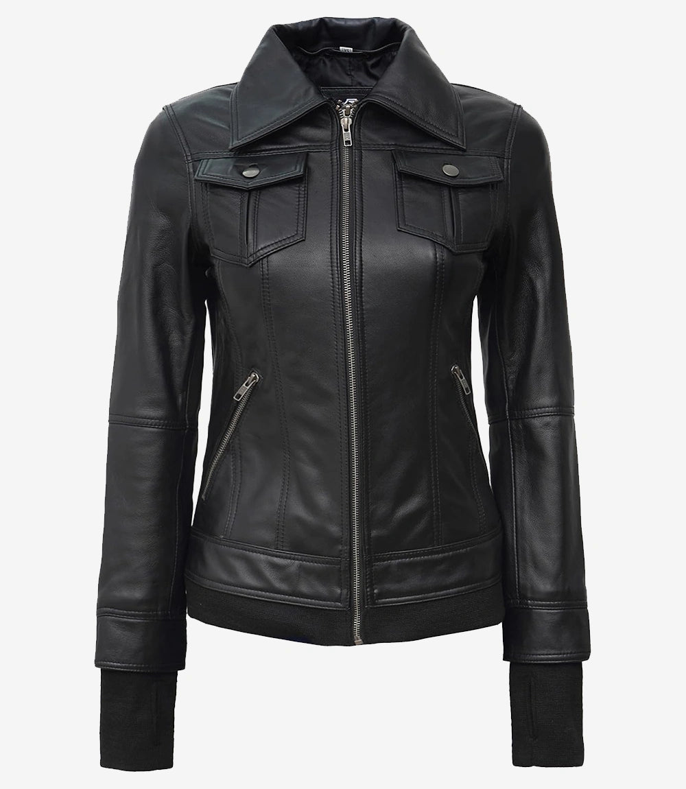Womens Tall Black Bomber Hooded Leather Jacket