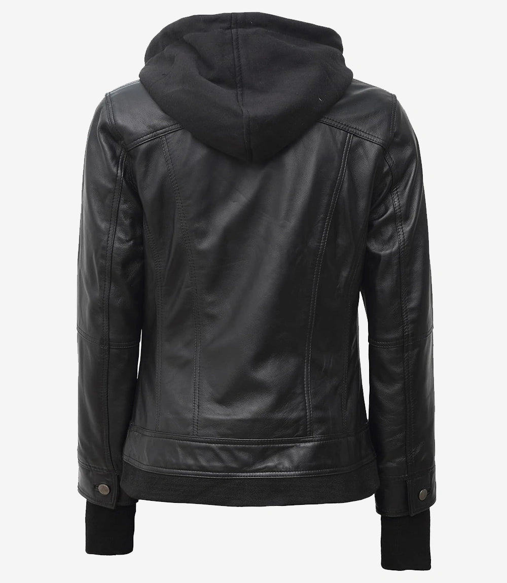 Womens Petite Black Bomber Hooded Leather Jacket