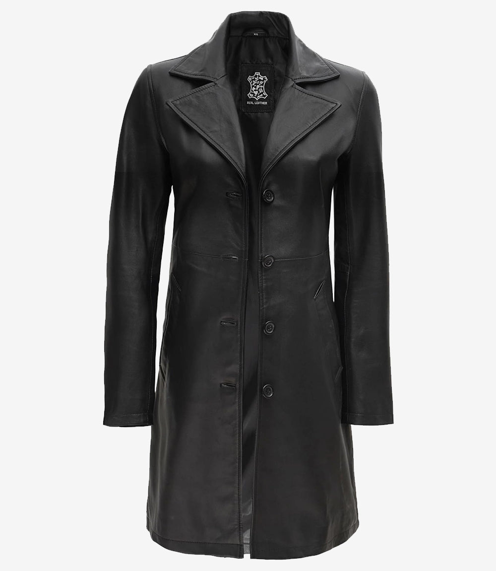 Womens Petite Wide Collar 3 Quarter Black Leather Coat