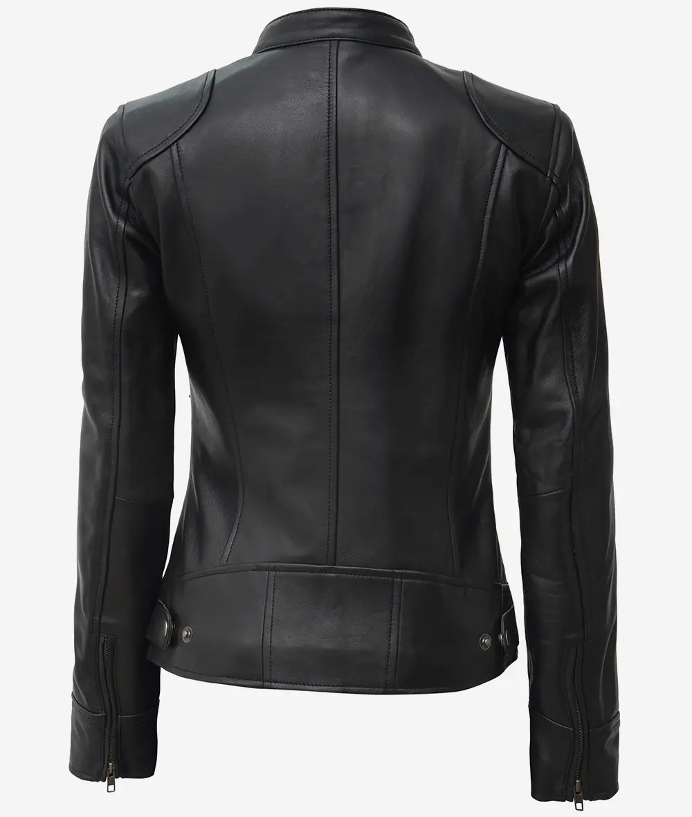 Veste style motard en cuir d'agneau noir pour femme