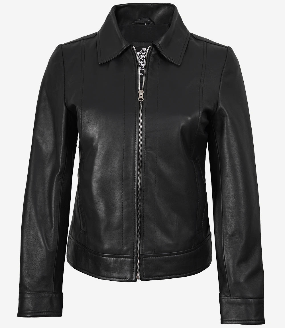 Veste en cuir noir à col chemise pour femme