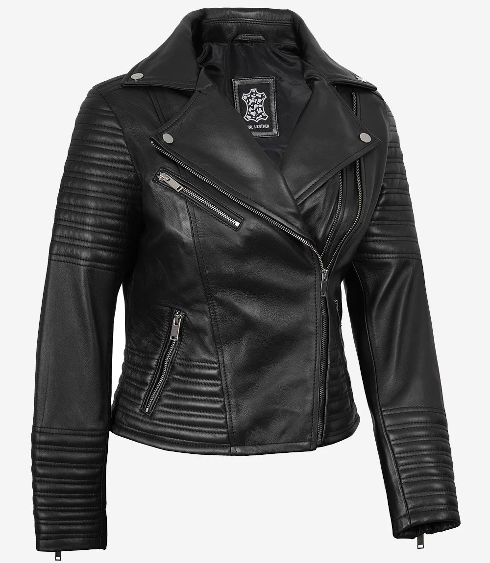 Veste motard asymétrique noire en cuir premium pour femme – (plus que quelques exemplaires)