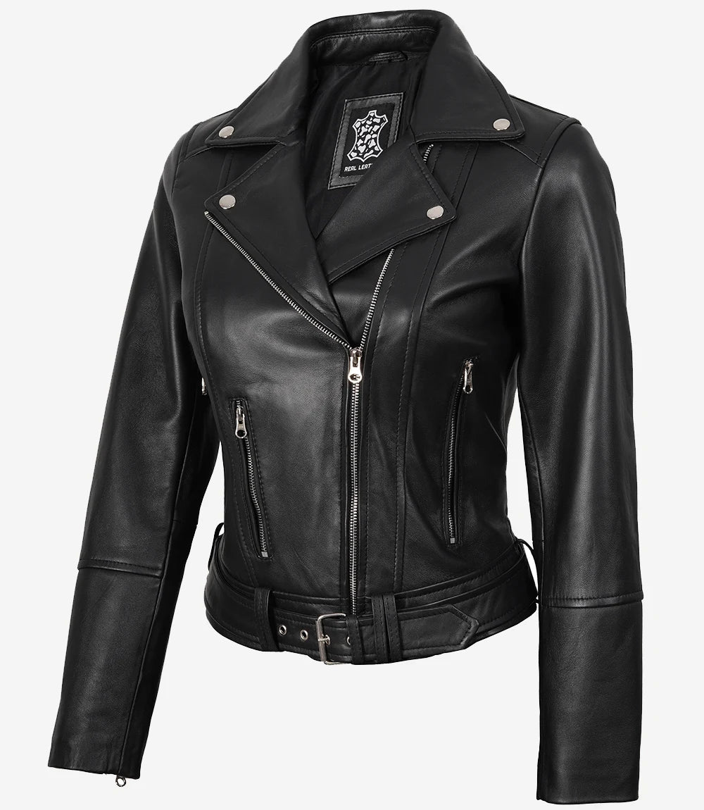 Veste de motard asymétrique en cuir noir avec ceinture pour femme