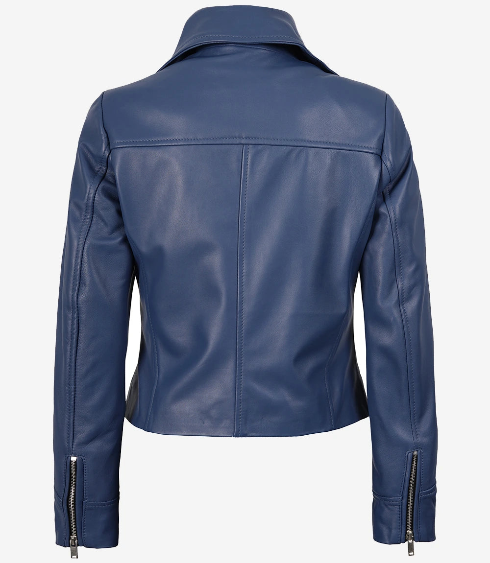 Veste motard bleue en cuir d'agneau véritable pour femme