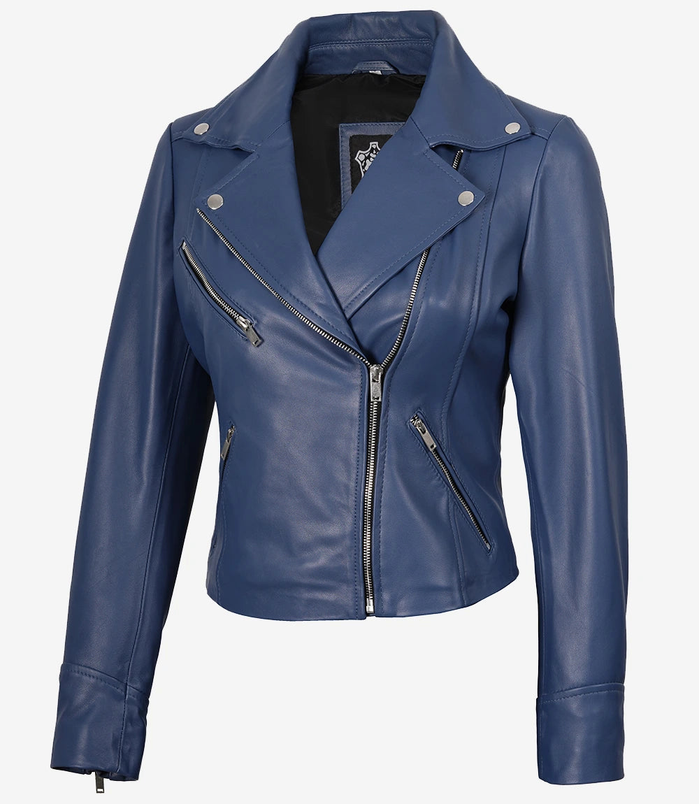 Veste motard bleue en cuir d'agneau véritable pour femme
