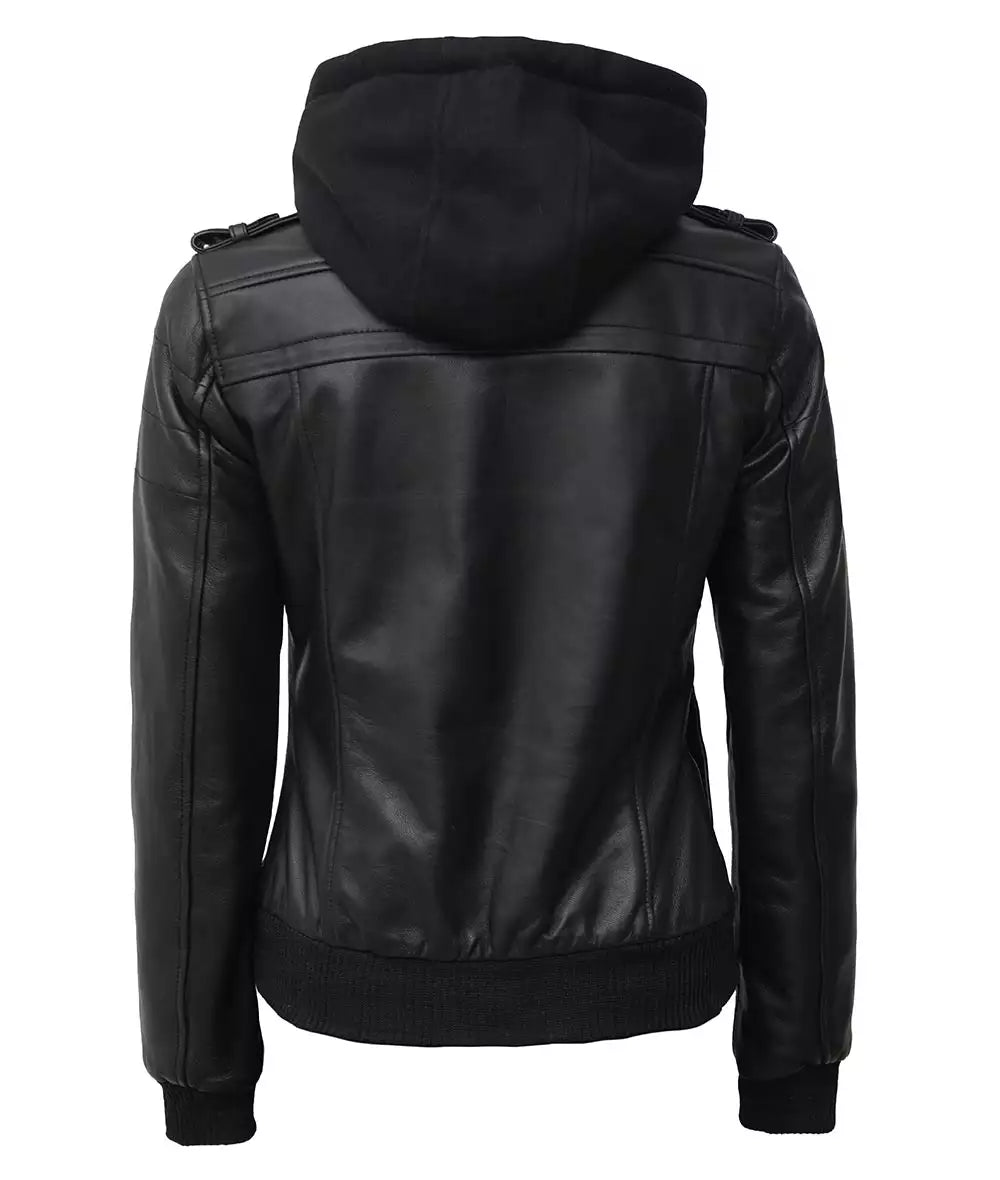 Womens Petite Black Hooded Bomber Leather Jacket