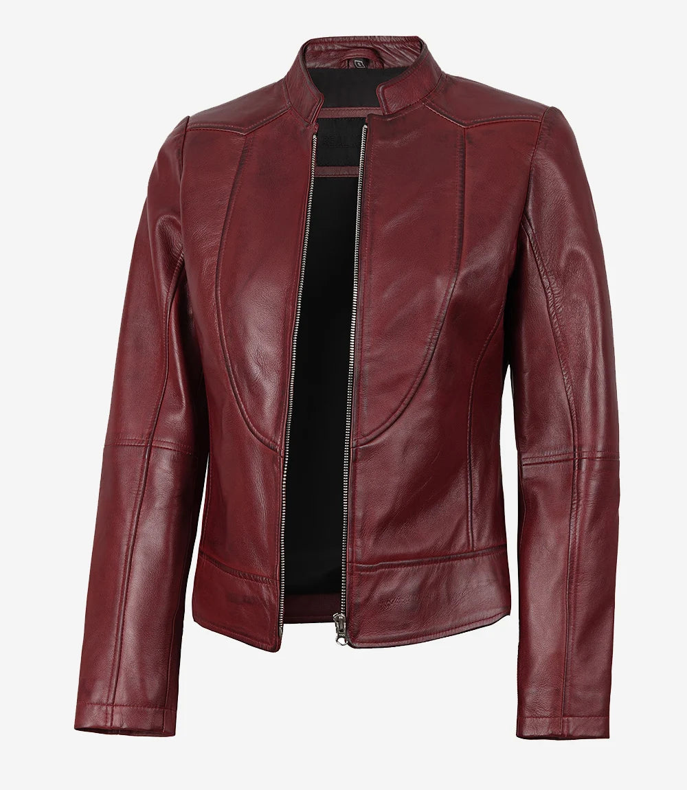 Womens Biker Maroon Leather Jacket