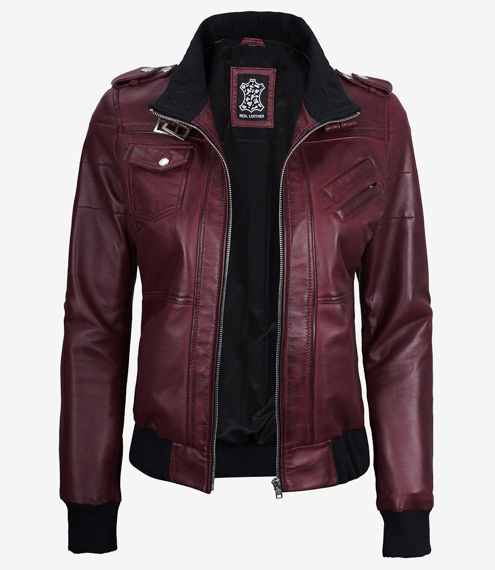 Womens Maroon Hooded Bomber Leather Jacket