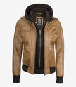 Womens Camel Brown Hooded Bomber Leather Jacket