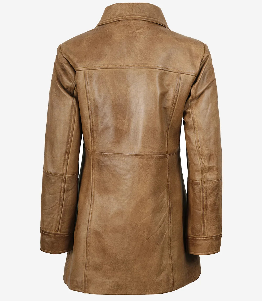 Manteau en cuir véritable marron camel pour femme