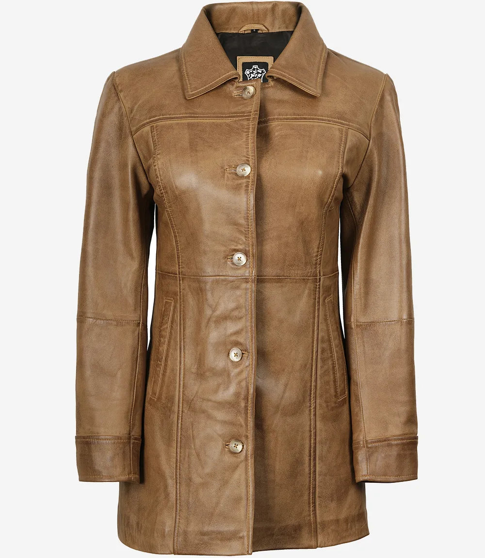 Manteau en cuir véritable marron camel pour femme