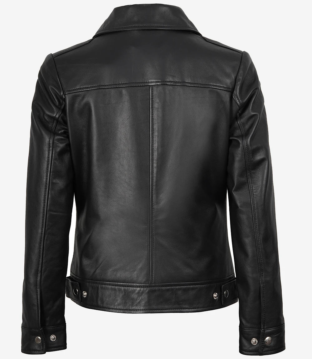 Veste en cuir noir à col chemise pour femme