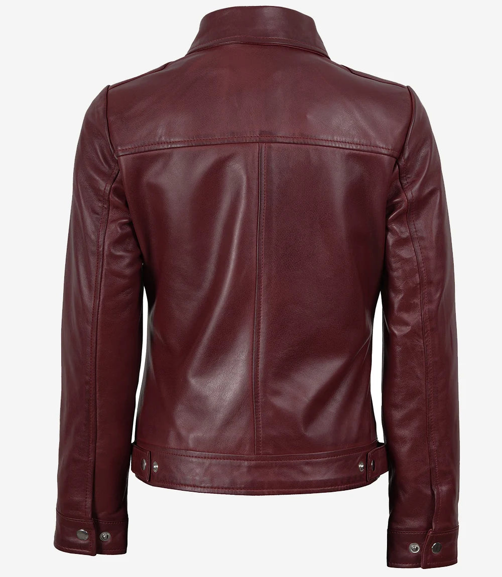 Veste en cuir marron à col chemise pour femme