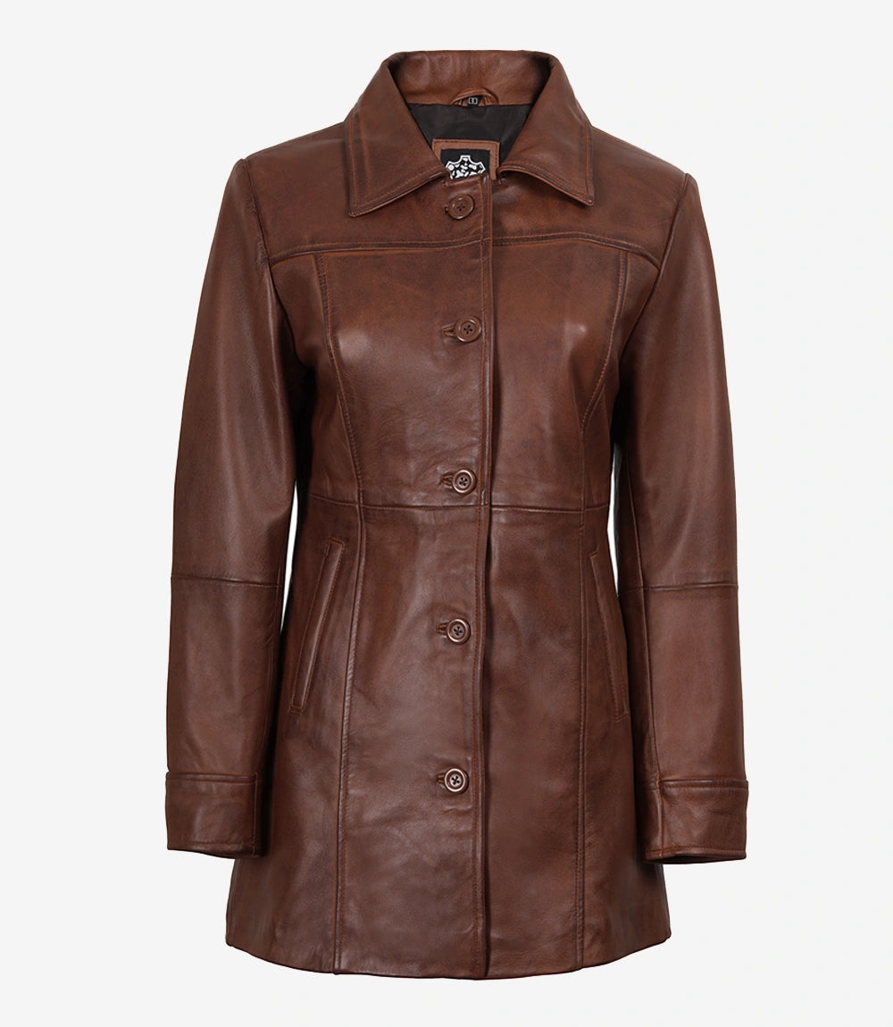 Manteau en cuir cognac à col chemise pour femme - Longueur 3/4