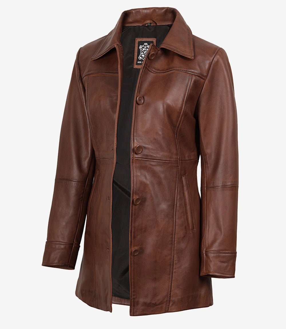 Women's Petite Brown Wax Real Leather Car Coat
