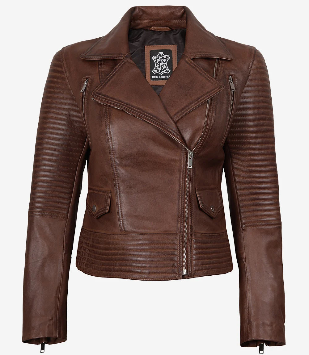 Womens Cognac Asymmertical Moto Leather Jacket