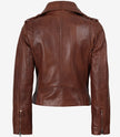 Veste en cuir style motard asymétrique cognac effet vieilli pour femme