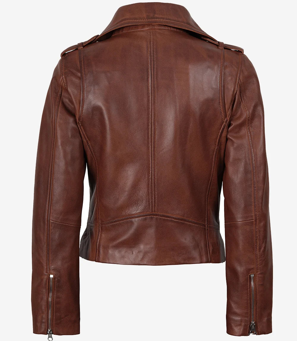 Veste en cuir style motard asymétrique cognac effet vieilli pour femme