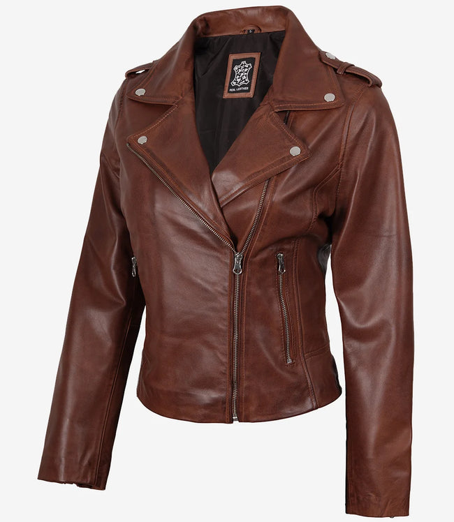 Veste en cuir style motard asymétrique cognac effet vieilli pour femme