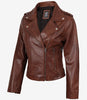 Veste en cuir style motard asymétrique cognac effet vieilli pour femme