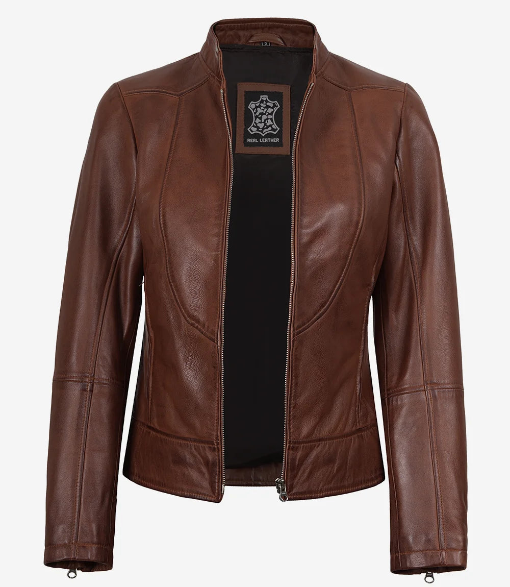 Veste style motard en cuir cognac pour femme