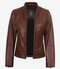Veste style motard en cuir cognac pour femme