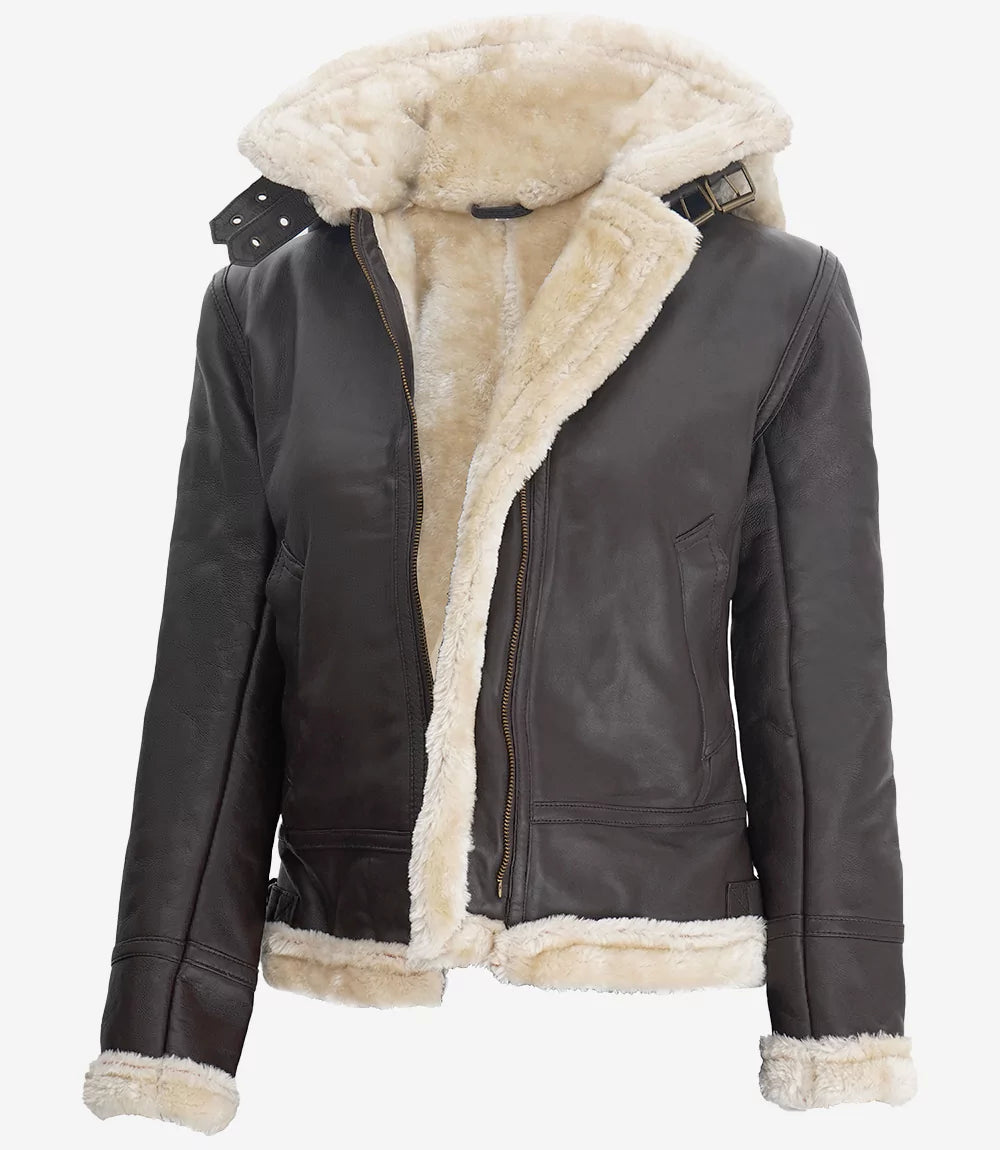 Womens Dark Brown Shearling Leather Jacket With Hood