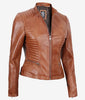 Womens Petite Biker Fitted Tan Leather Jacket