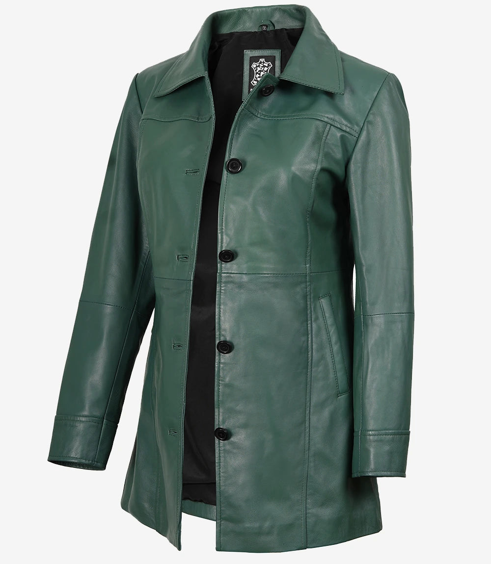 Womens Real Leather Green Car Coat