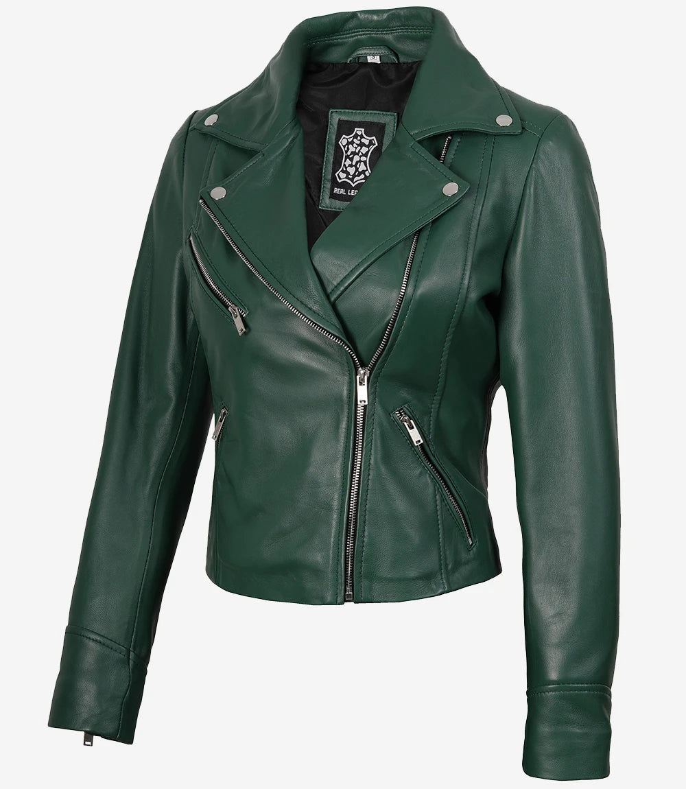 Veste motard verte en cuir d'agneau véritable pour femme