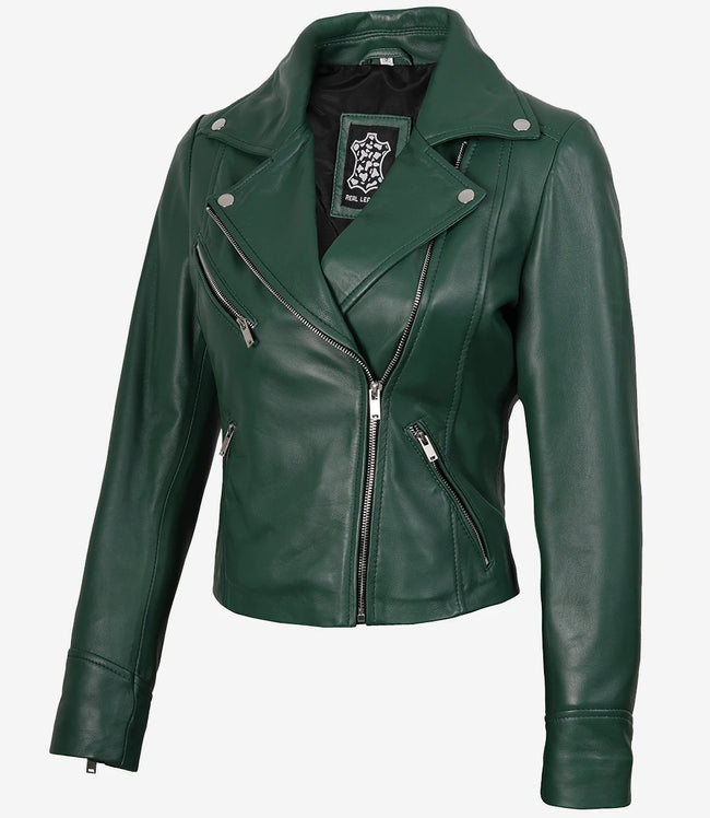Veste motard verte en cuir d'agneau véritable pour femme