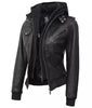 Womens Petite Black Hooded Bomber Leather Jacket