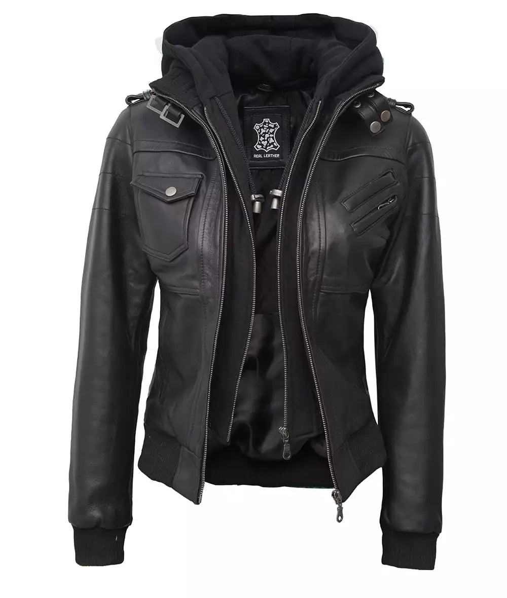 Womens Petite Black Hooded Bomber Leather Jacket