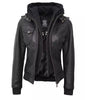 Womens Petite Black Hooded Bomber Leather Jacket