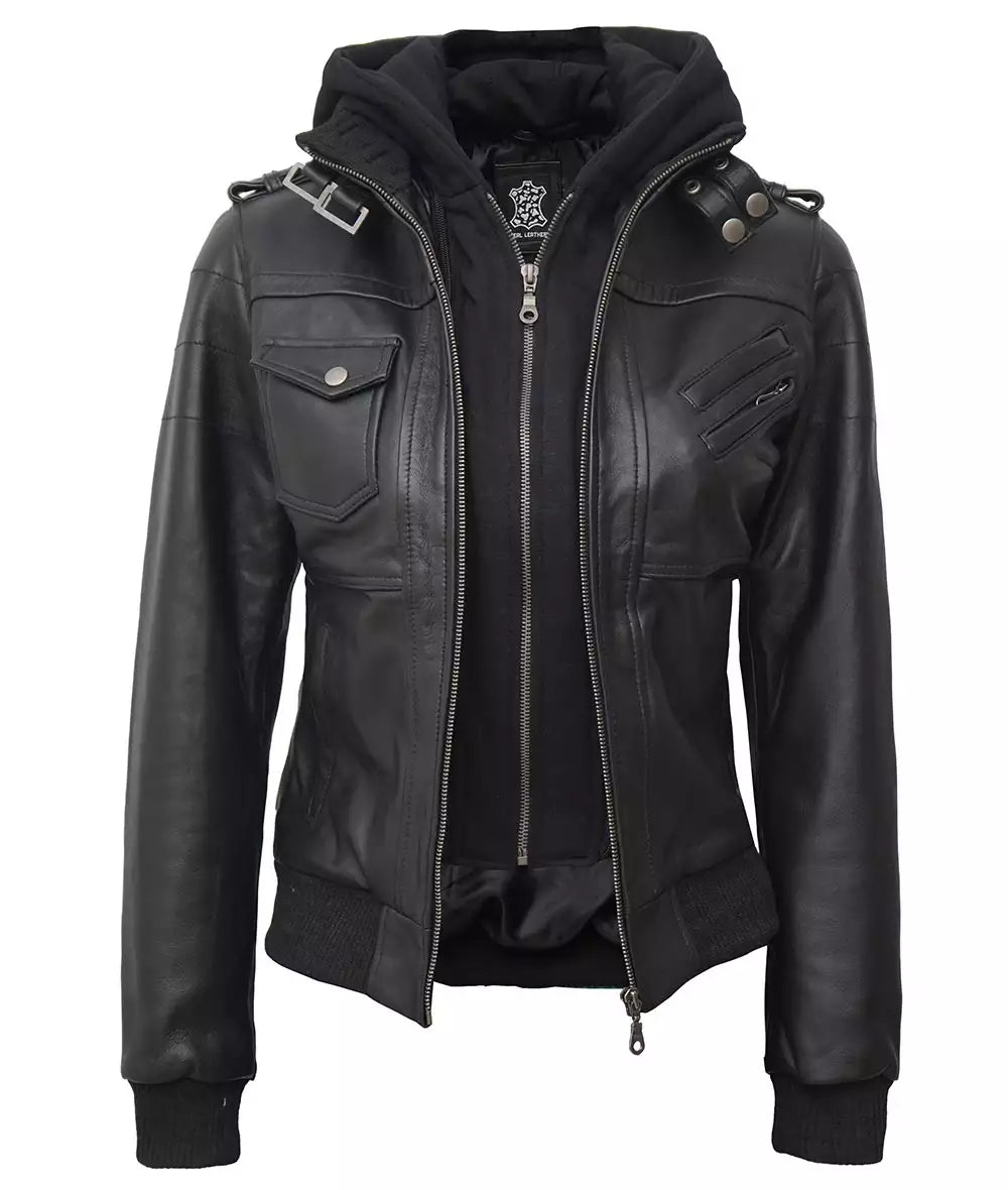 Womens Petite Black Hooded Bomber Leather Jacket