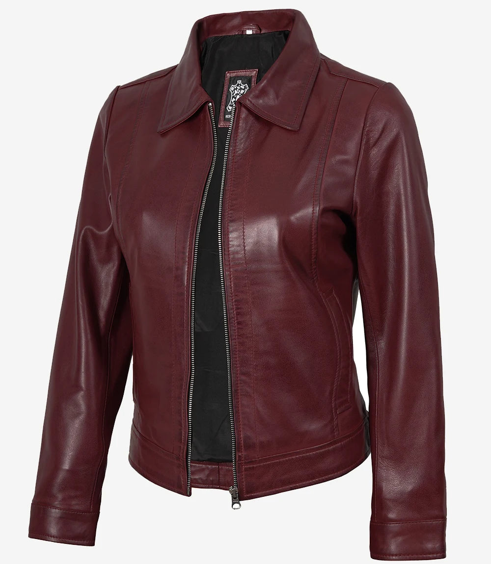 Veste en cuir marron à col chemise pour femme