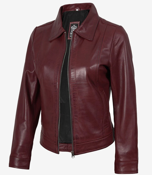 Veste en cuir marron à col chemise pour femme