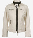 Veste motard matelassée en cuir d'agneau véritable pour femme, blanc cassé