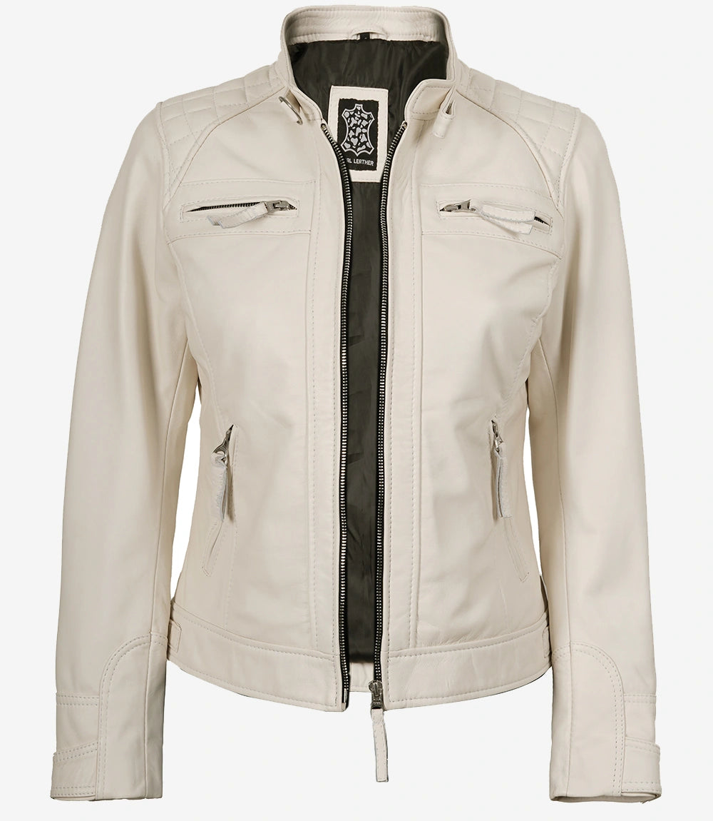Veste motard matelassée en cuir d'agneau véritable pour femme, blanc cassé