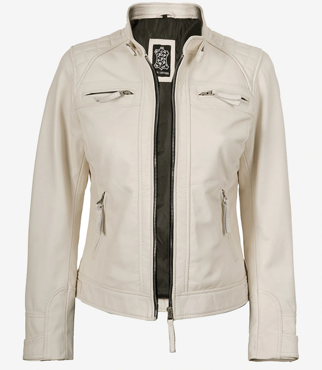 Veste motard matelassée en cuir d'agneau véritable pour femme, blanc cassé