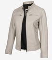 Veste en cuir style motard blanc cassé pour femme
