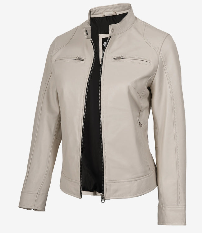 Veste en cuir style motard blanc cassé pour femme