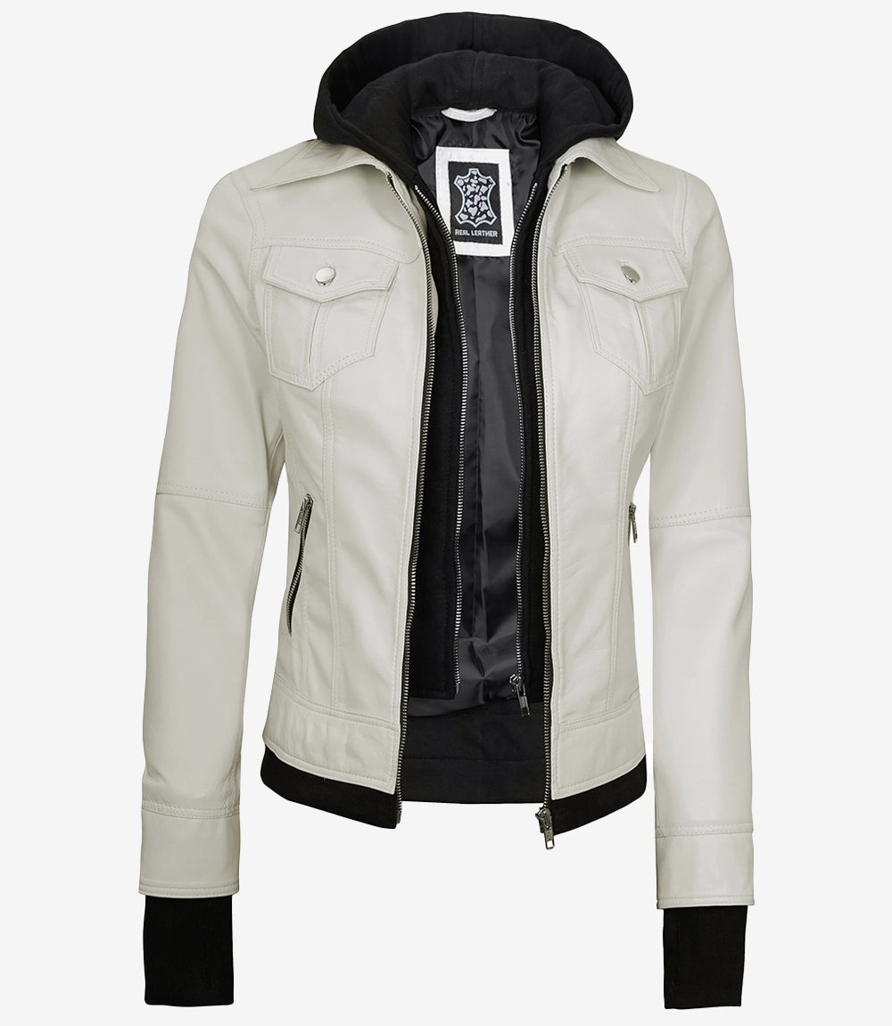 Womens White Bomber Leather Jacket with Removable Hood